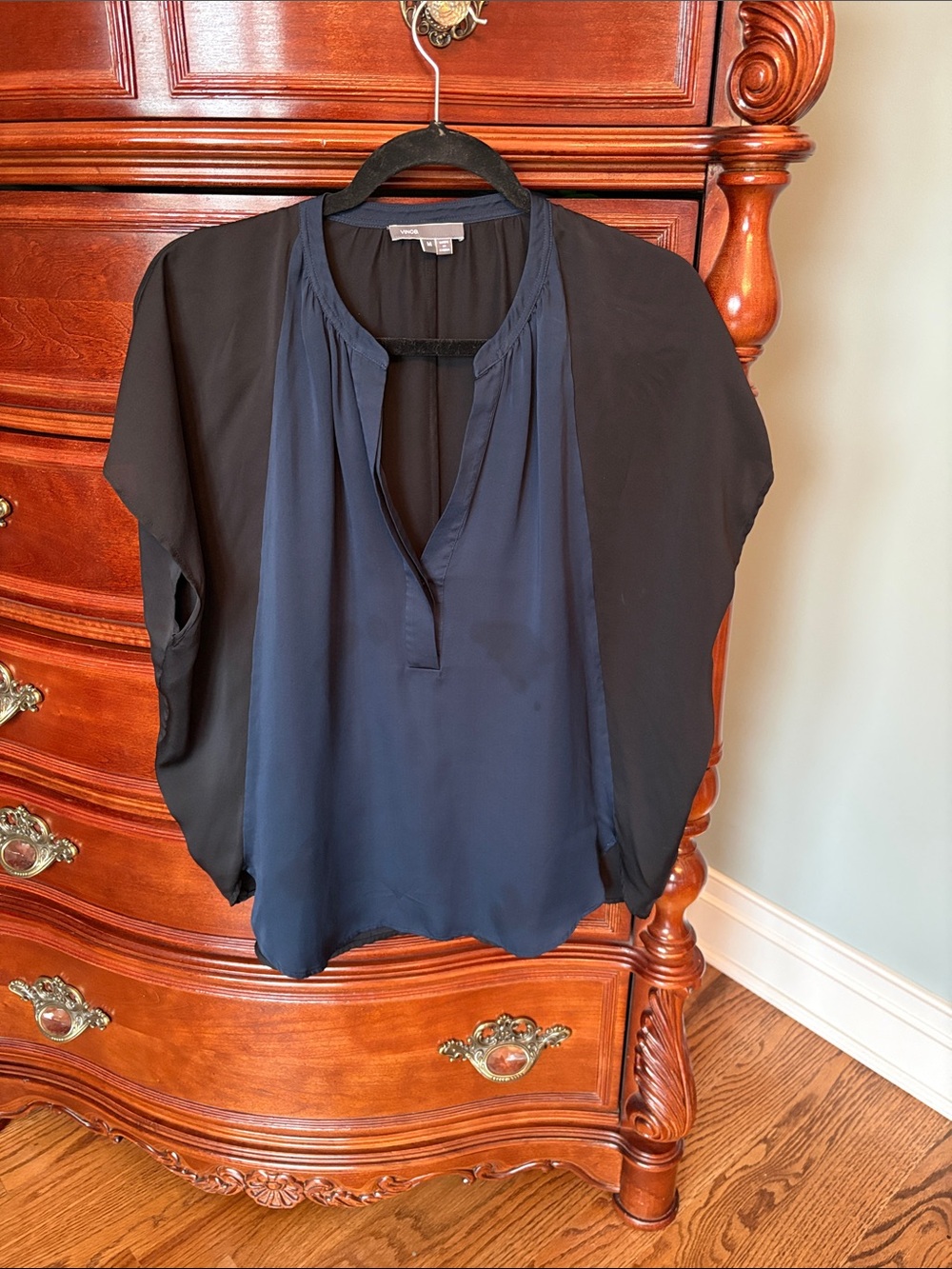Vince Silk Navy/Black Front with Black Dolman Sleeve Blouse
